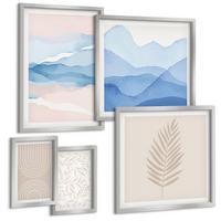 BILDER SET 5er Set - 50x50 cm & 20x30 cm & 40x60 cm Silberner Rahmen - Blätterwellen beige blau - Silberfarben, Kunststoff (40/60cm) - TULUP
