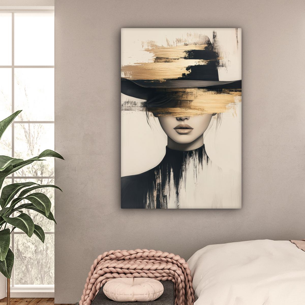 LEINWANDBILD Frau - Hut - Farbe Deko XXL 80x120 cm - Goldfarben, Textil (80/120cm) - MuchoWow