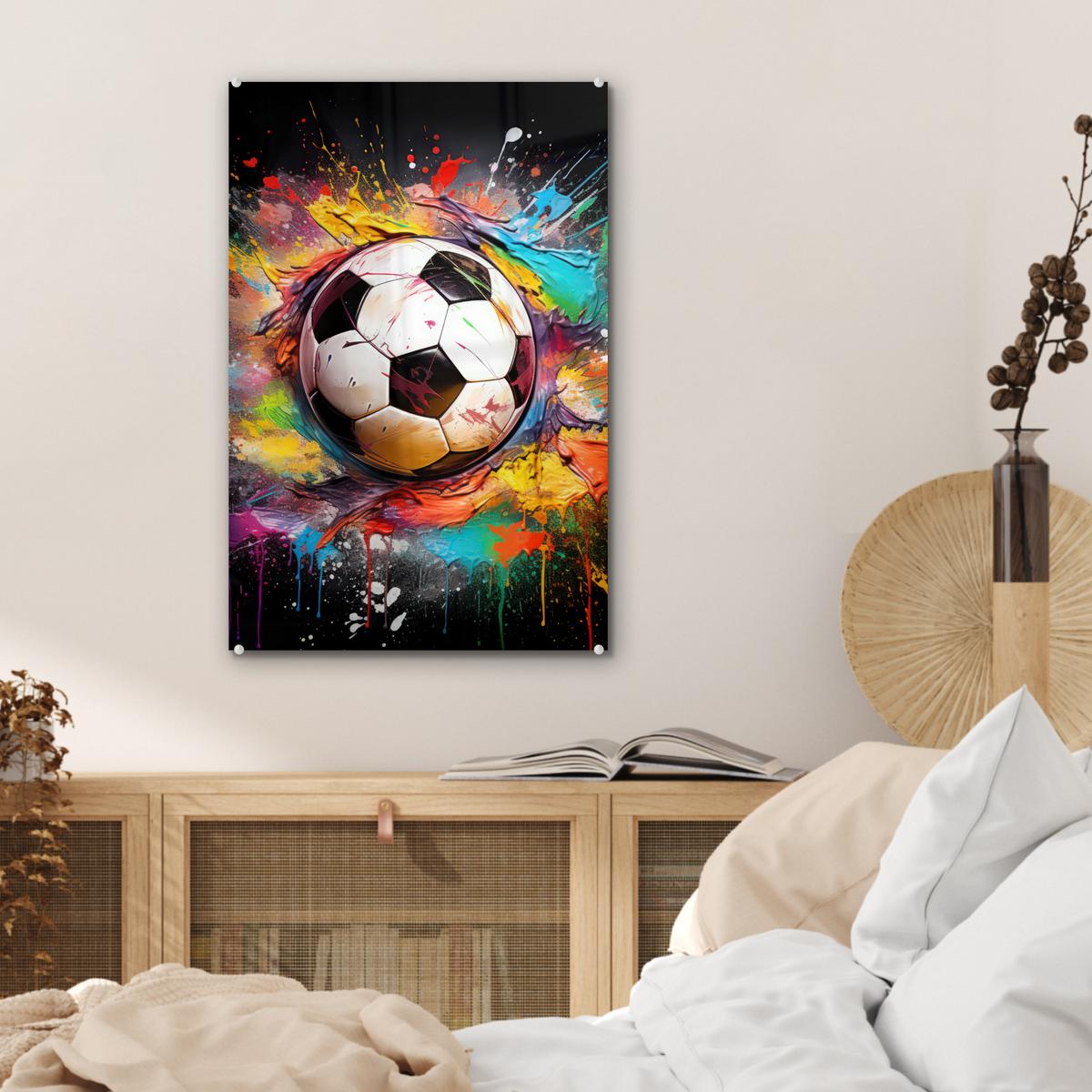 ACRYLGLASBILD Fußball - Farbe - Farben - Schwarz - Weiß Wanddeko Wohnzimmer 40x60 cm - Weiß, Glas (40/60cm) - MuchoWow