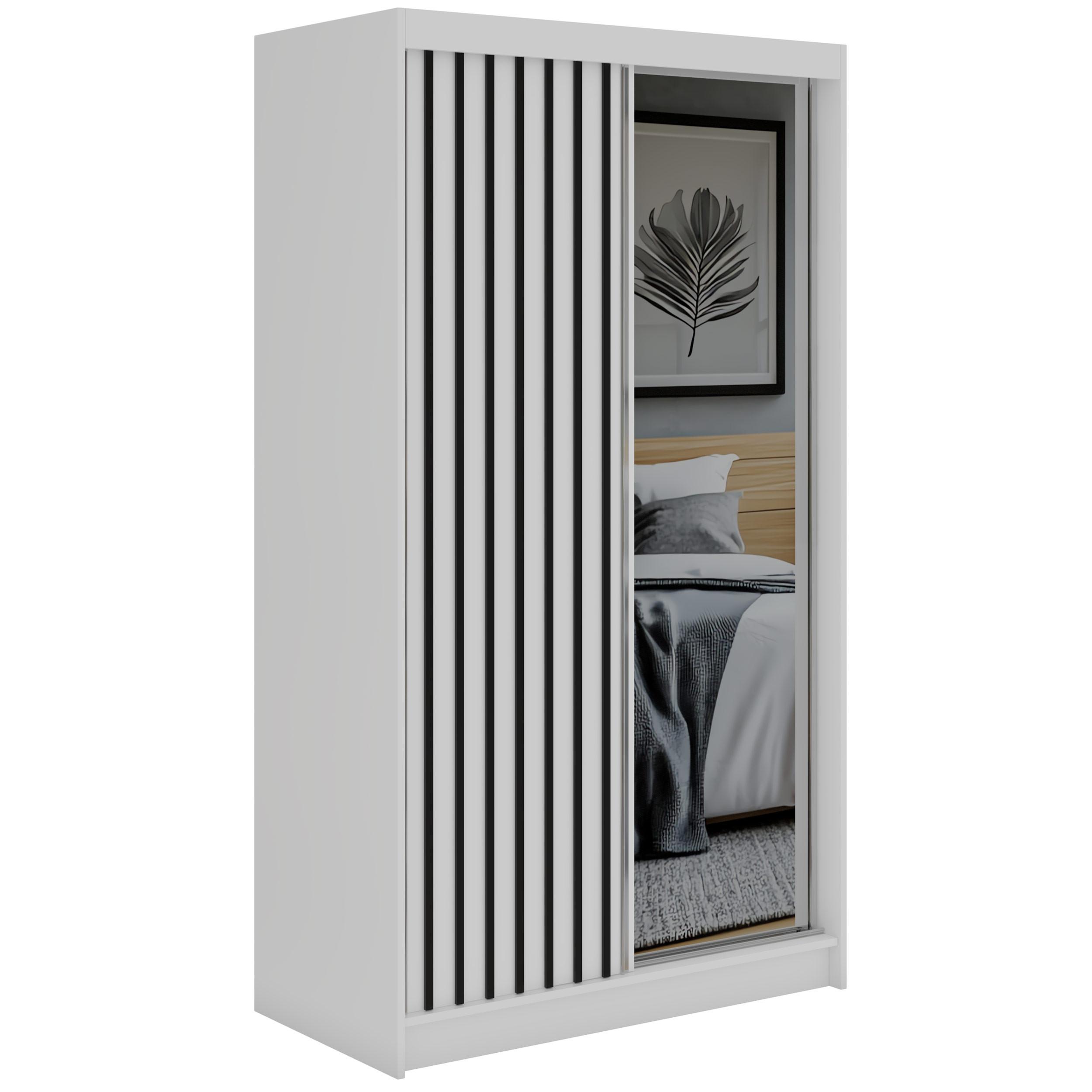 SCHWEBETÜRENSCHRANK mit Spiegel und Schubladen LAOS - 120 - Weiß - Schwarz Lamellen - Schwarz/Alufarben, Holzwerkstoff/Metall (120/216/61cm) - MKS