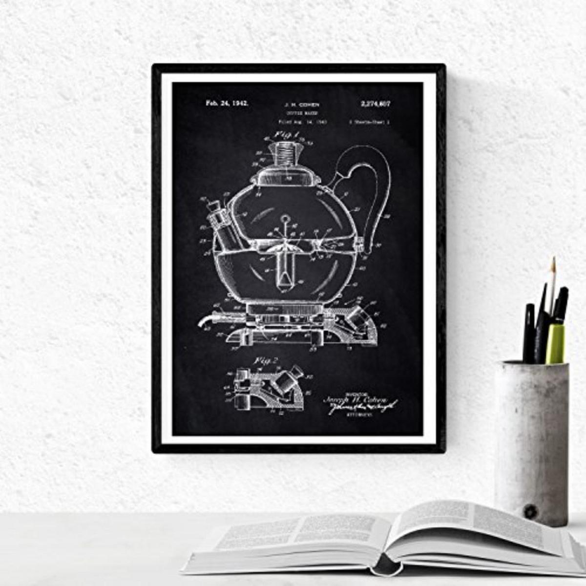 POSTER Set mit 4 Schwarz cafeteras Patenten A4 Schwarzer Rahmen - Schwarz, Papier (29.7/3cm) - Nacnic