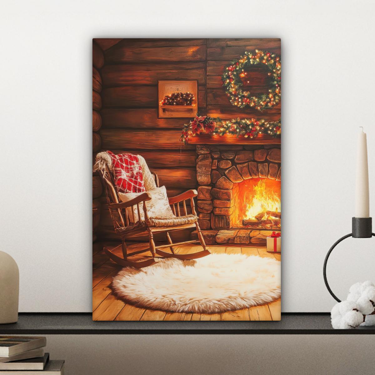 LEINWANDBILD Winter - Weihnachten - Zuhause - Kamin Deko Wohnzimmer 20x30 cm - Bernsteinfarben, Textil (20/30cm) - MuchoWow