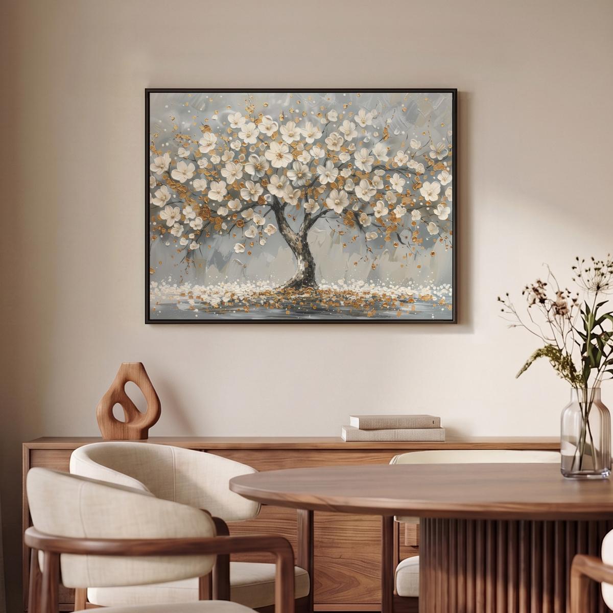 LEINWAND Bilder mit Rahmen - Baum - Blumen - Weiß - Natur - Kunst - 80x60 - Weiß, Textil (80/60cm) - MuchoWow