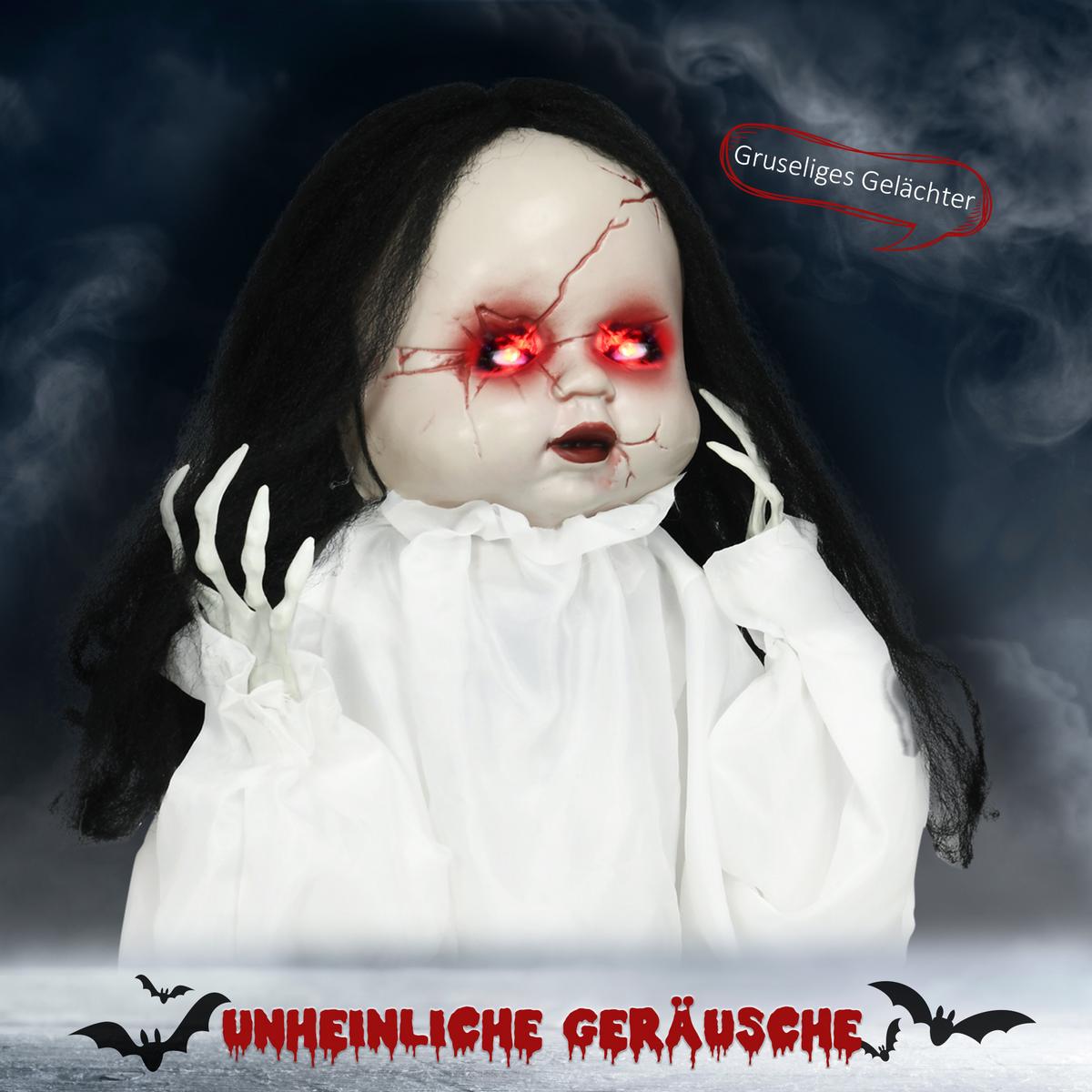 HALLOWEEN Dekoration 60cm Springende Mörderpuppe mit Rote Augen, Soundfunktion - Weiß, Kunststoff (15/60/60cm) - HOMCOM