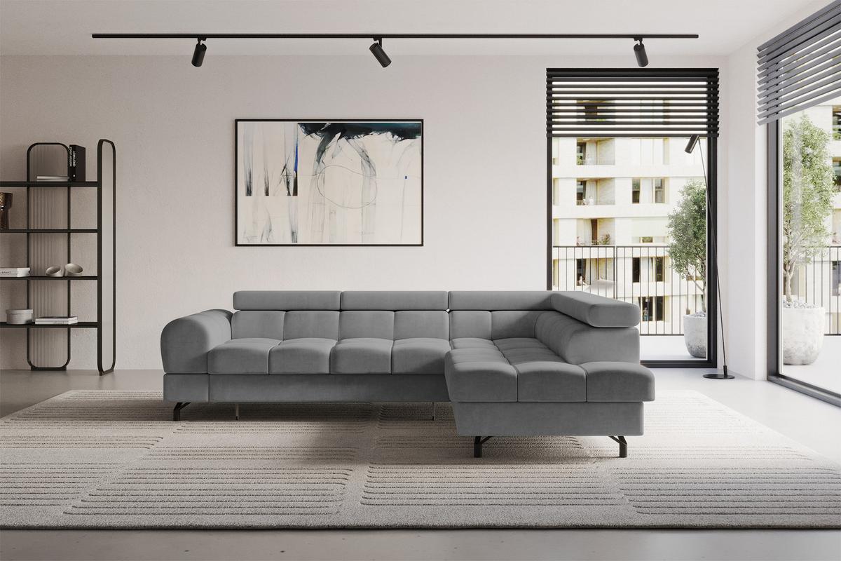 ECKSOFA mit Schlaffunktion Ottomane Rechts LUMA-L 272x203x70 Grau Velours - Schwarz/Grau, Holzwerkstoff/Kunststoff (203/272cm) - ALTDECOR