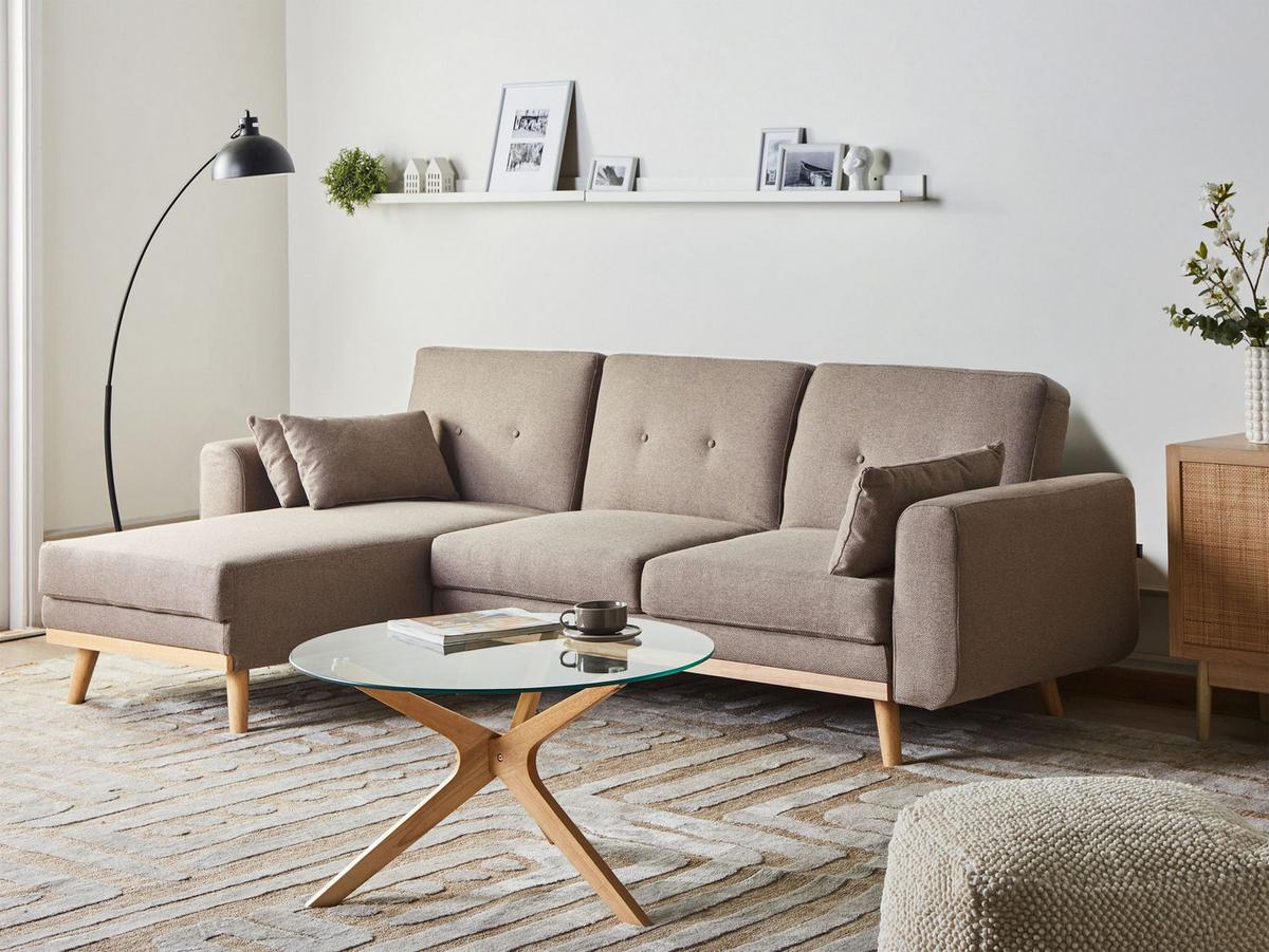 ECKSCHLAFSOFA 3-Sitzer Stoff Hellbraun rechtsseitig Kaarina - Hellbraun, Textil (260/152cm) - Beliani