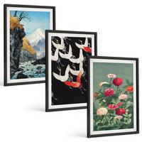 BILDER SET 3er Set - 40x60 cm Schwarzer Rahmen - Berge, Wasserfälle, Vögel, Blumen - Schwarz, Kunststoff (40/60cm) - TULUP