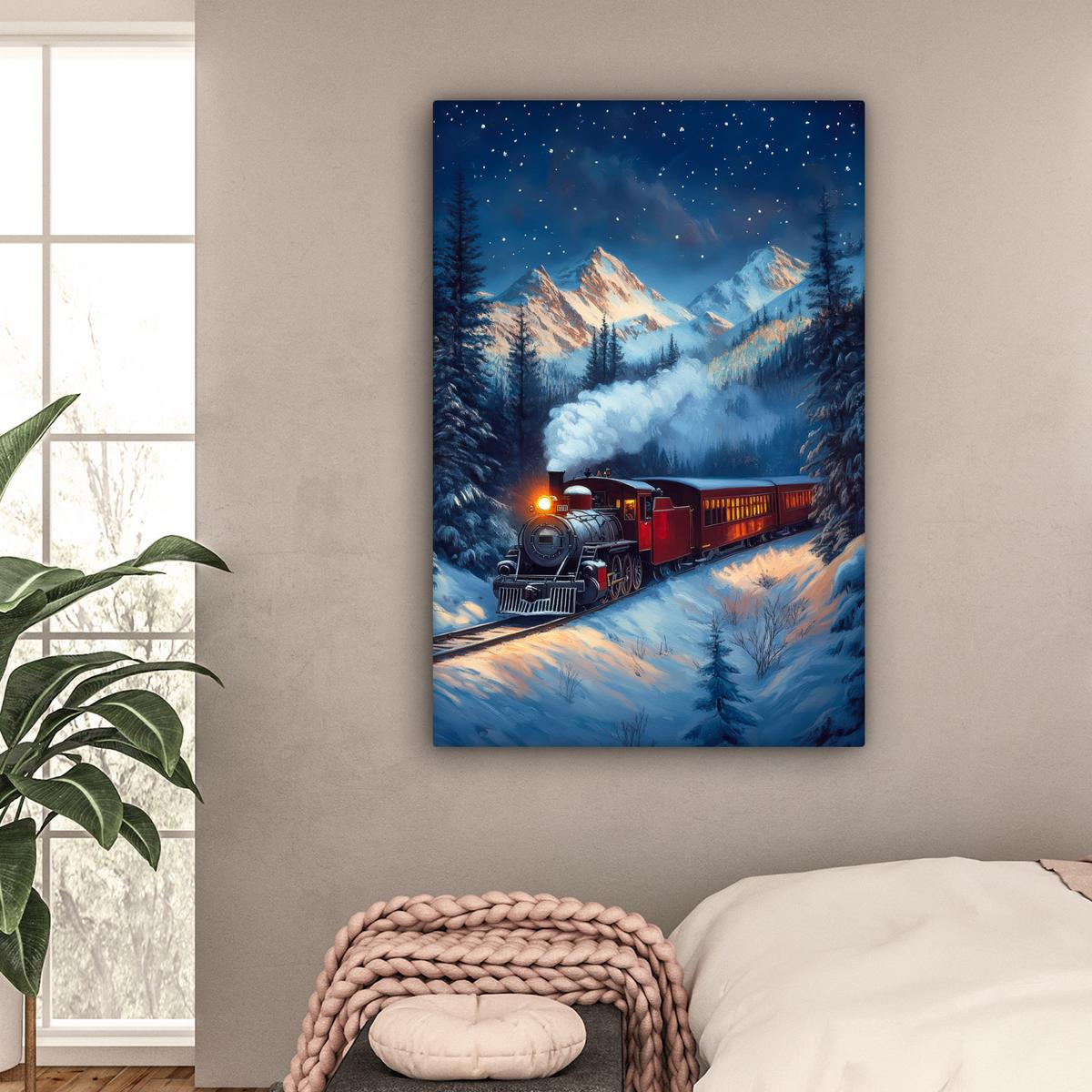 LEINWANDBILD Zug - Weihnachten - Schnee - Weihnachtszug Deko XXL 80x120 cm - Anthrazit, Textil (80/120cm) - MuchoWow