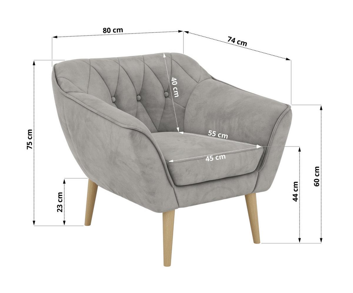 SESSEL PIRS - Hellgrau Velvet - Holzbeine - Buchefarben/Hellgrau, Holzwerkstoff/Textil (80/75/74cm) - MKS