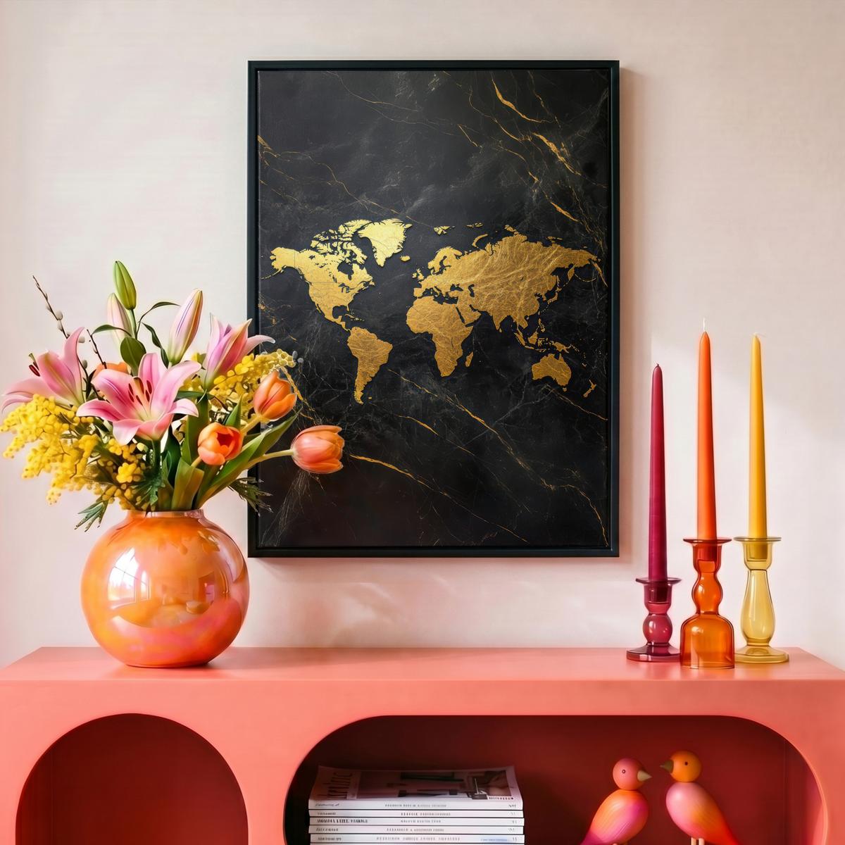 LEINWAND Bilder mit Rahmen - Weltkarte - Gold - Marmor - 30x40 - Goldfarben, Textil (30/40cm) - MuchoWow