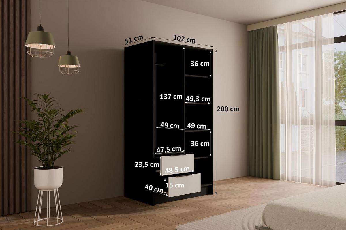 KLEIDERSCHRANK NELIA - 120 cm - Schwarz/Weiß, Holzwerkstoff (102/200/51cm) - ALTDECOR