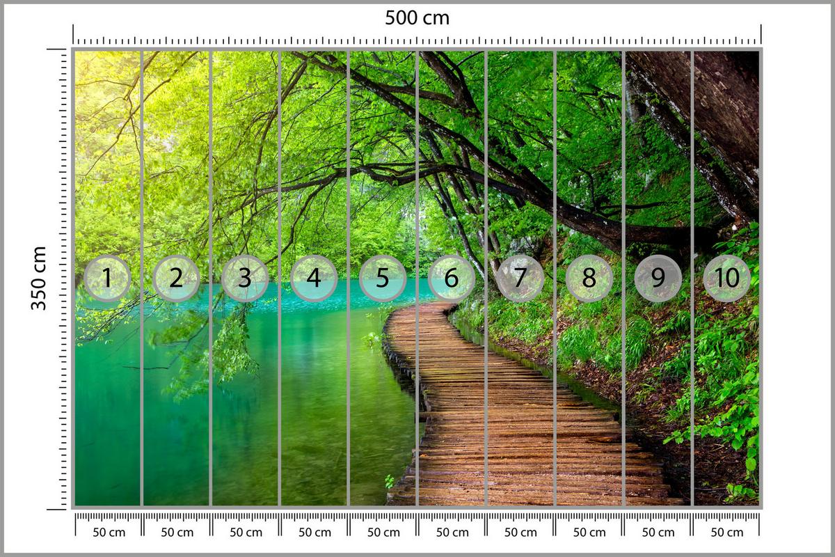 FOTOTAPETE für Wohnzimmer Holzsteg See Bäume Pflanzen Natur 500x350 - Türkis/Braun, Papier (500/350cm) - Muralo