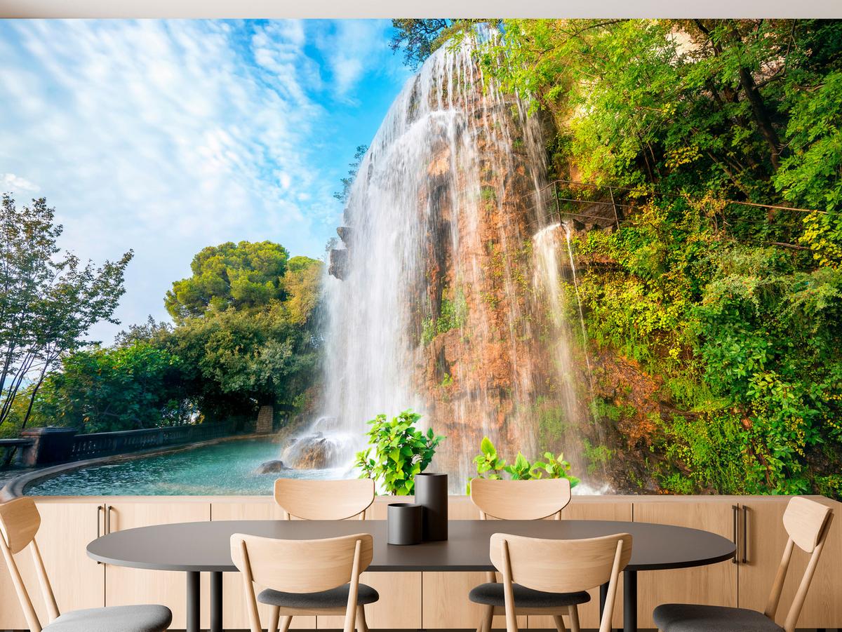 FOTOTAPETE für Wohnzimmer Wasserfall Nizza Felsen Pflanzen Bäume 500x350 - Blau/Beige, Papier (500/350cm) - Muralo