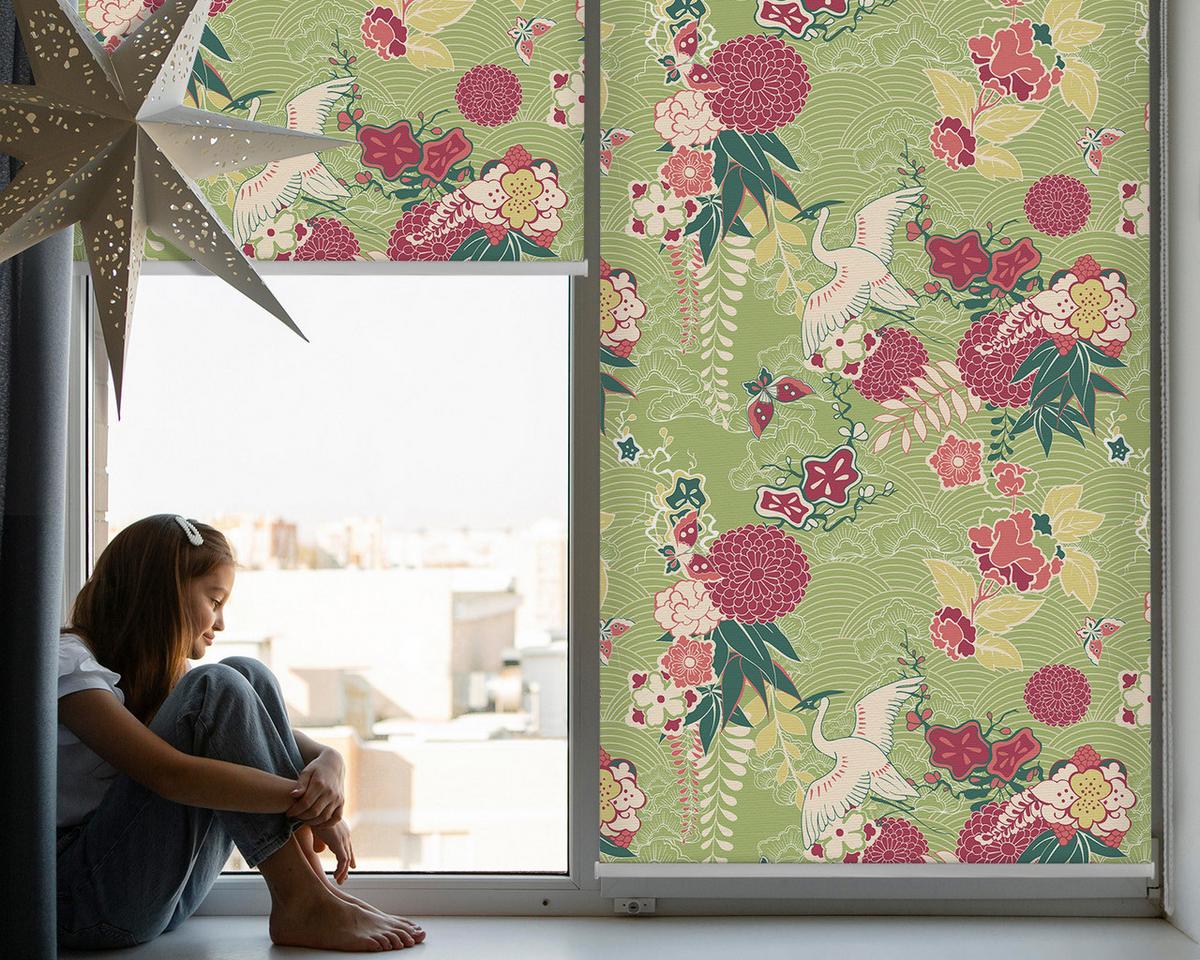 INNENROLLO - Fensterrollo - Rollo - 100x140 cm - Reiher und Pflanzen - Grün, Kunststoff (100/140/0.5cm) - TULUP