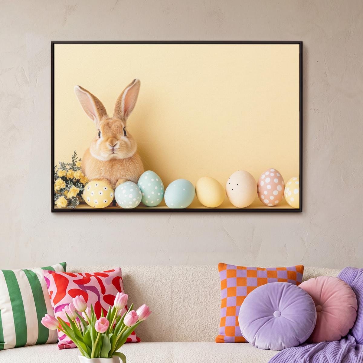 LEINWAND Bilder mit Rahmen - Eier - Kaninchen - Pastellfarbtöne - 90x60 - Hellgelb, Textil (90/60cm) - MuchoWow