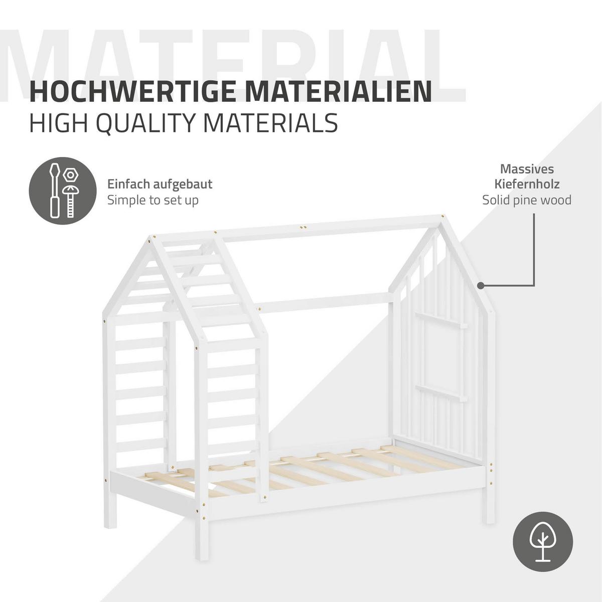 KINDERBETT 70x140 cm mit Lattenrost Dach und Fenster Hausbett aus massivem Kiefernholz Weiß - Weiß, Holz (70/140cm) - ML-DESIGN
