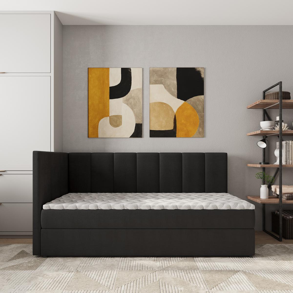 BOXBETT BEVE 90x200 cm mit Matratze und Topper, H2+H3 - Schwarz - Schwarz, Holz (90/200cm) - MASSENO