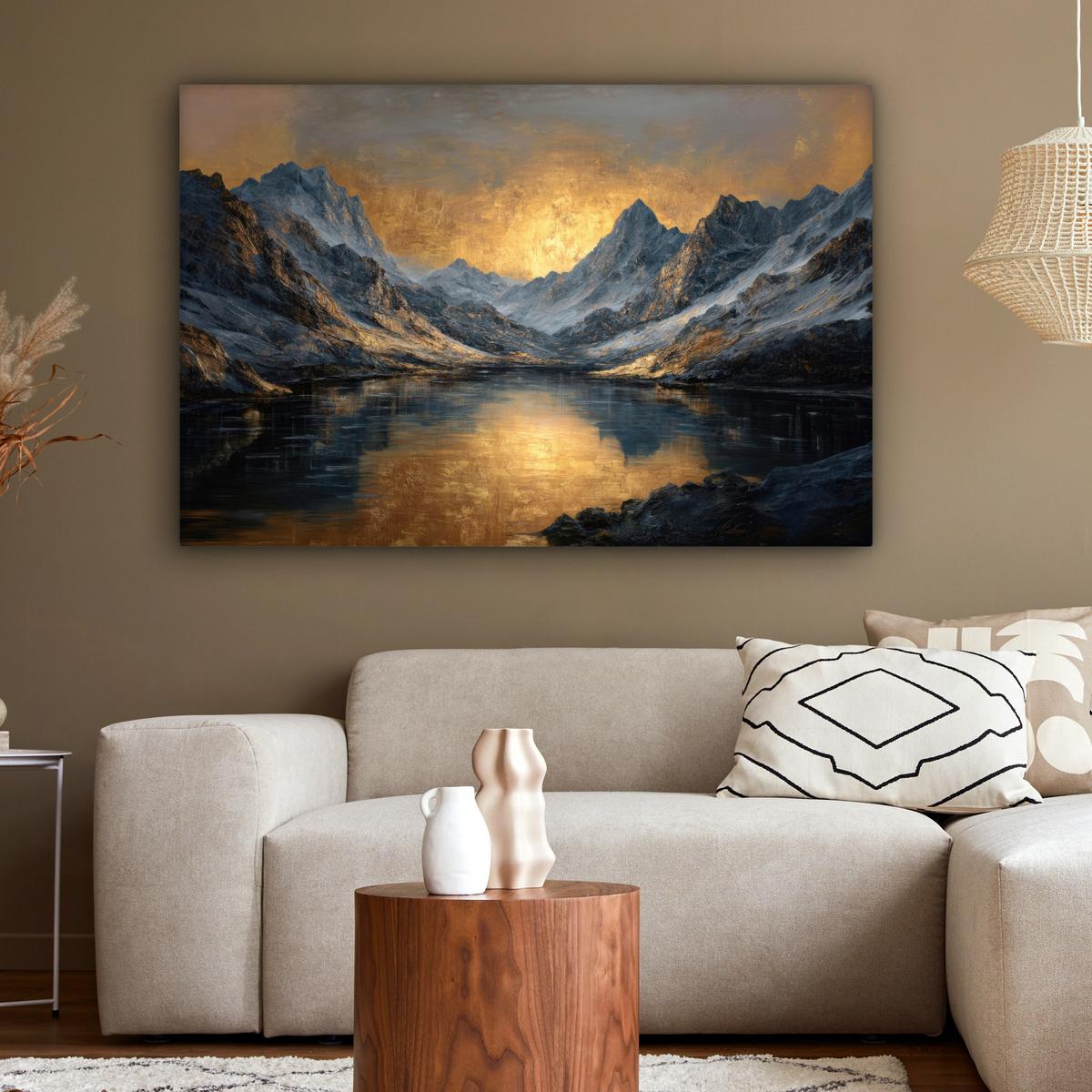 LEINWANDBILD Bergkulisse mit goldenem Sonnenuntergang Wohnzimmer Groß 120x80 cm - Goldfarben, Textil (120/80cm) - MuchoWow