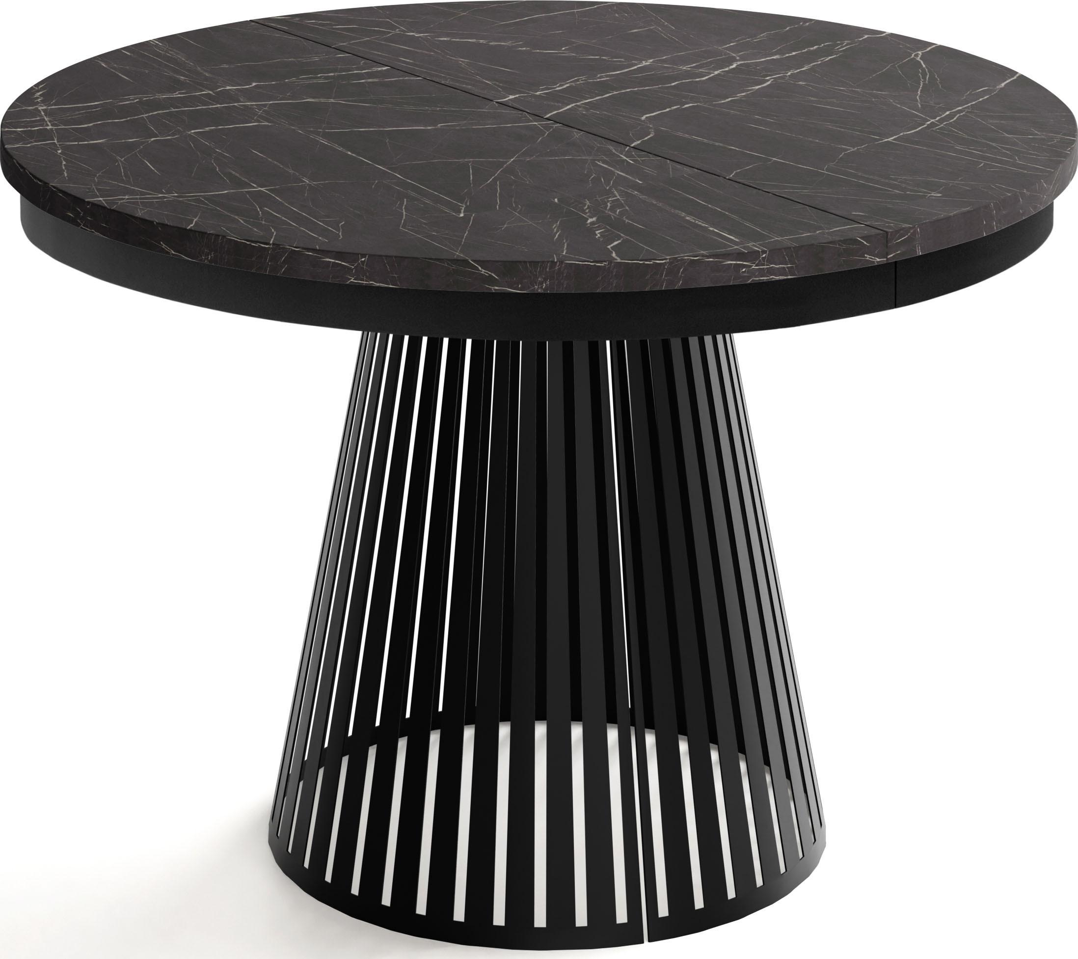 ESSTISCH Naro rund ausziehbar mit Schwarzem Lamellen-Metallgestell, Marmor Schwarz 100-180/100/76 cm - Anthrazit/Schwarz, Holzwerkstoff/Metall (100/176/76cm) - WFL GROUP