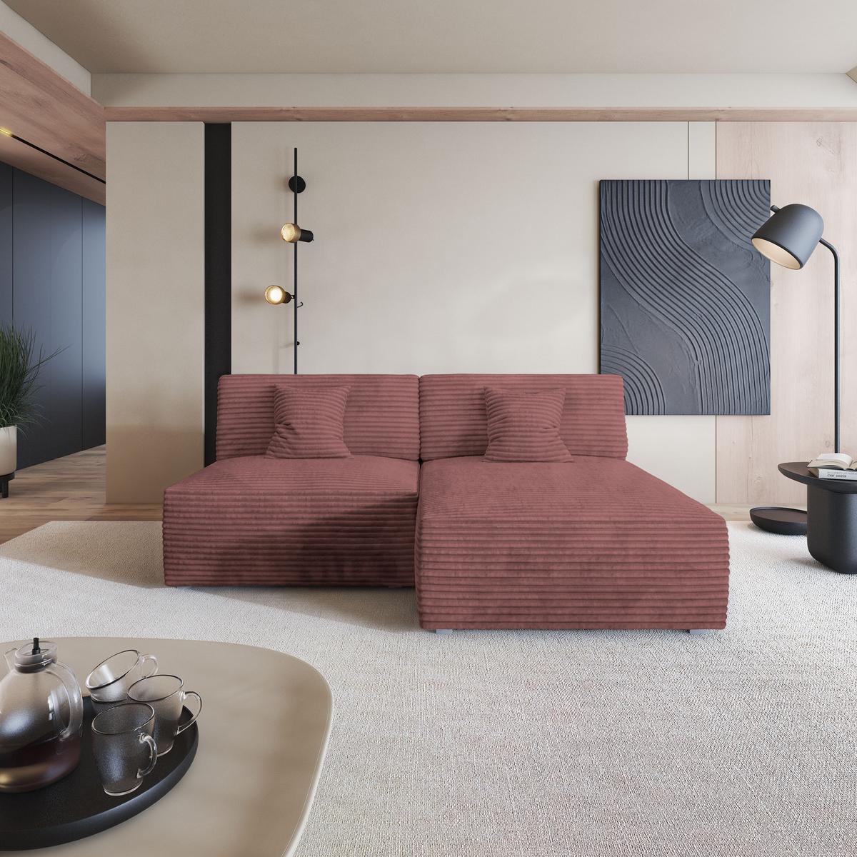 ECKSOFA FIORO Rosa Kordstoff mit Schlaffunktion - Rosa, Holz (204/148cm) - MASSENO