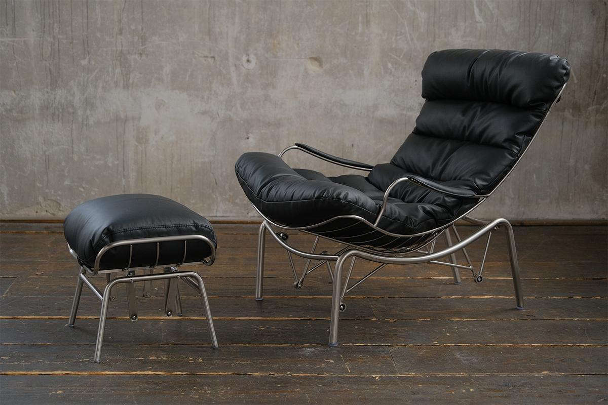SESSEL MIT HOCKER ROWA Schwarz Leder - Silberfarben/Schwarz, Leder/Metall (77/88/103cm) - KAWOLA