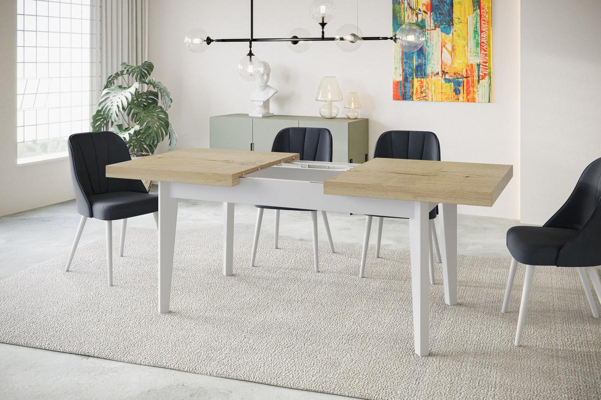 RECHTECKIGER Esszimmertisch SKANDI, ausziehbarer Tisch, Größe: 140-180X80X78 cm, Wohnzimmertisch Farbe: HALIFAX, mit Holzbeinen in Farbe Weiß - Naturfarben/Weiß, Holzwerkstoff (140/80/78cm) - Alpi-Möbel