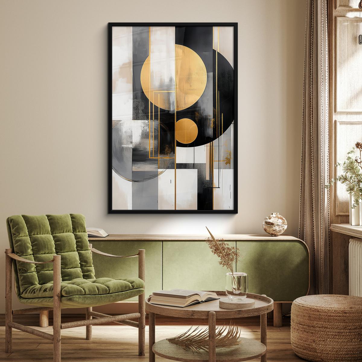 POSTER MIT RAHMEN Abstrakt - Gold - Silber - Formen - Ästhetisch - Modern Bilderleiste 80x120 cm - Goldfarben, Papier (80/120cm) - MuchoWow