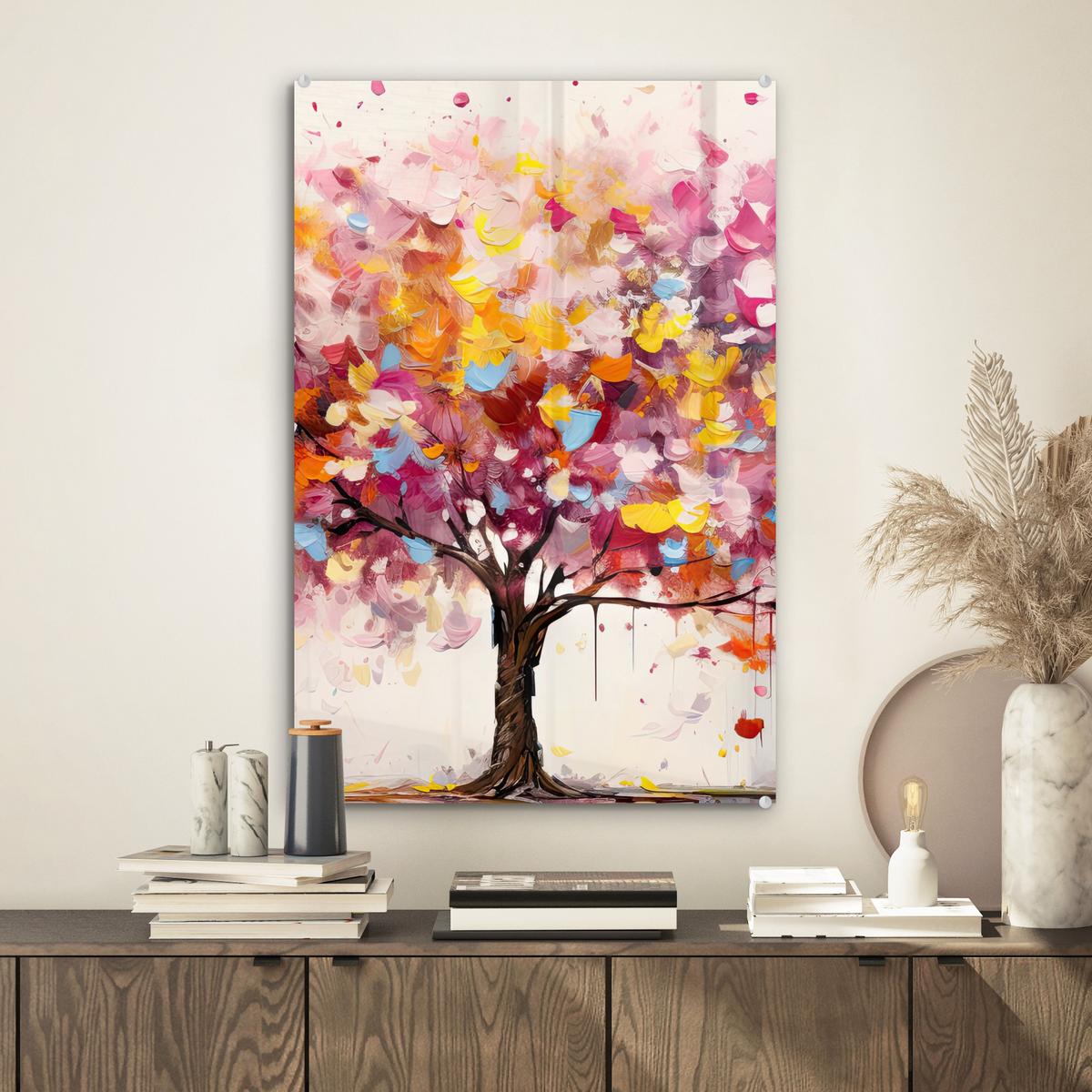 ACRYLGLASBILD Aquarell - Baum - Kunst - Abstrakt Wanddeko Wohnzimmer 40x60 cm - Multicolor, Glas (40/60cm) - MuchoWow