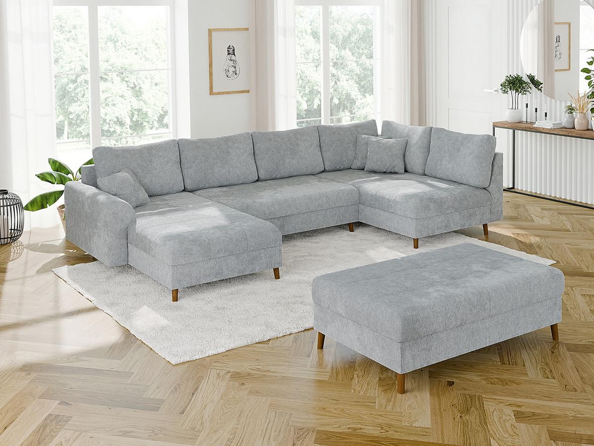 WOHNLANDSCHAFT inkl. Hocker Sigurd Hellgrau Chenille - Hellgrau/Braun, Holz/Textil (310/81/161cm) - S-Style