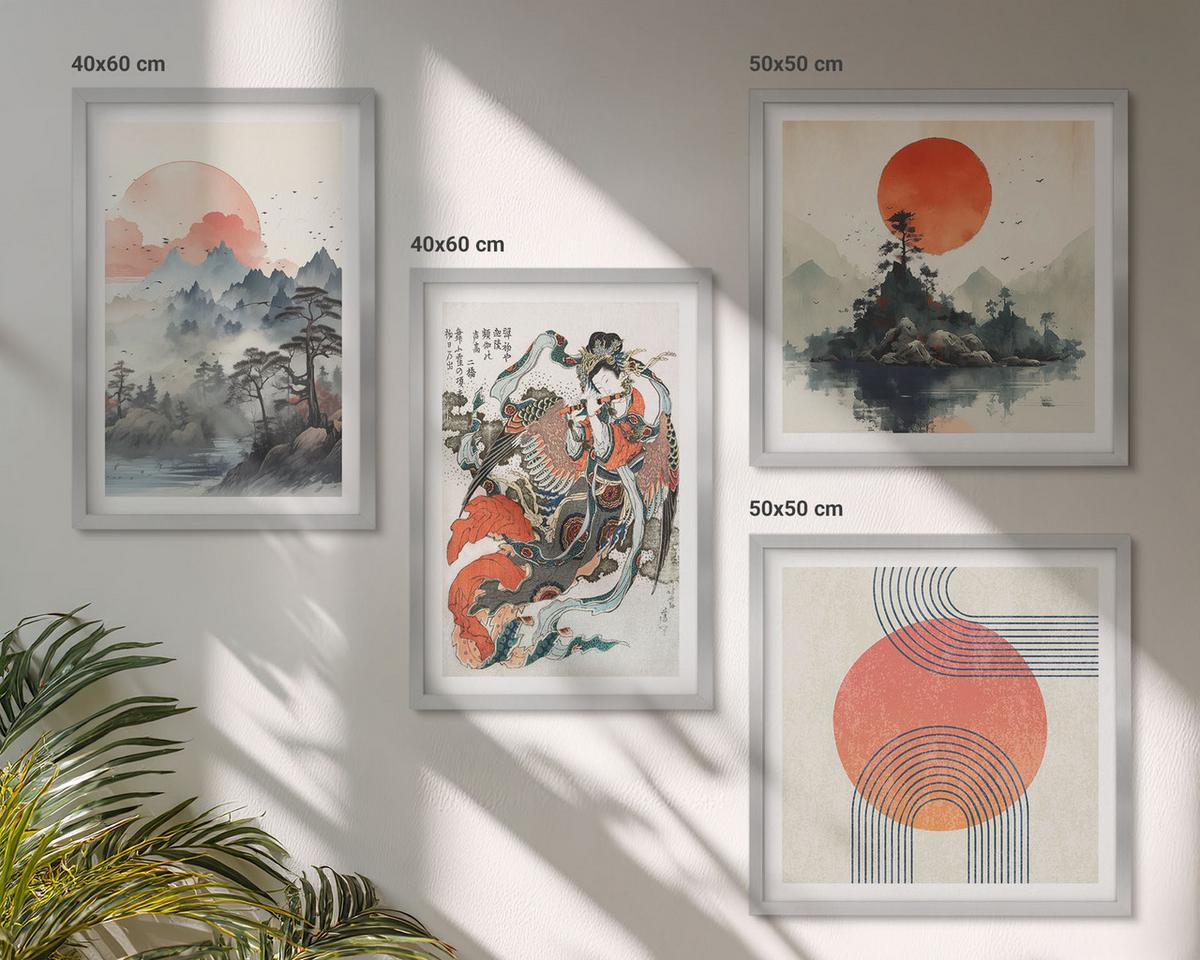 BILDER SET 4er Set - 50x50 cm & 40x60 cm Silberner Rahmen - Asiatische Landschaften Japandi - Silberfarben, Kunststoff (50/50cm) - TULUP