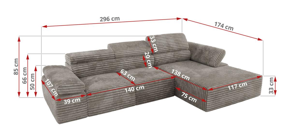 ECKSOFA RILASSO L Hellbraun Cord - links - Hellbraun/Schwarz, Kunststoff/Textil (296/174cm) - MKS