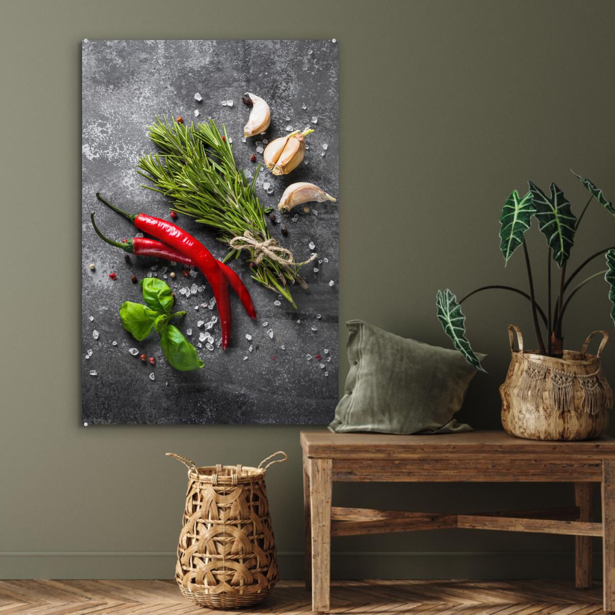 ACRYLGLASBILD Pfeffer - Kräuter - Gewürze - Beton 80x120 cm - Dunkelgrau, Glas (80/120cm) - MuchoWow