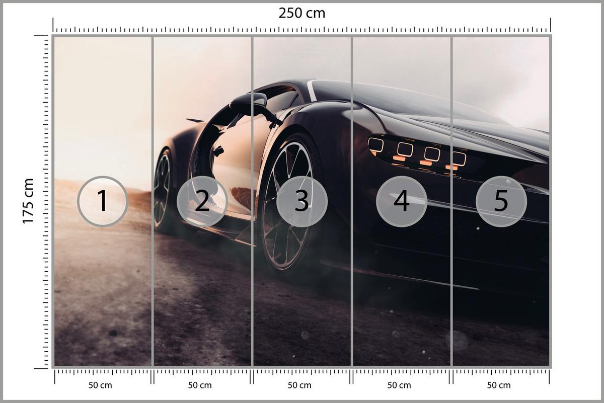 FOTOTAPETE für Jugendzimmer Schwarzer Sportwagen Wüste Luxus Auto Sand 250x175 - Gelb/Weiß, Papier (250/175cm) - Muralo