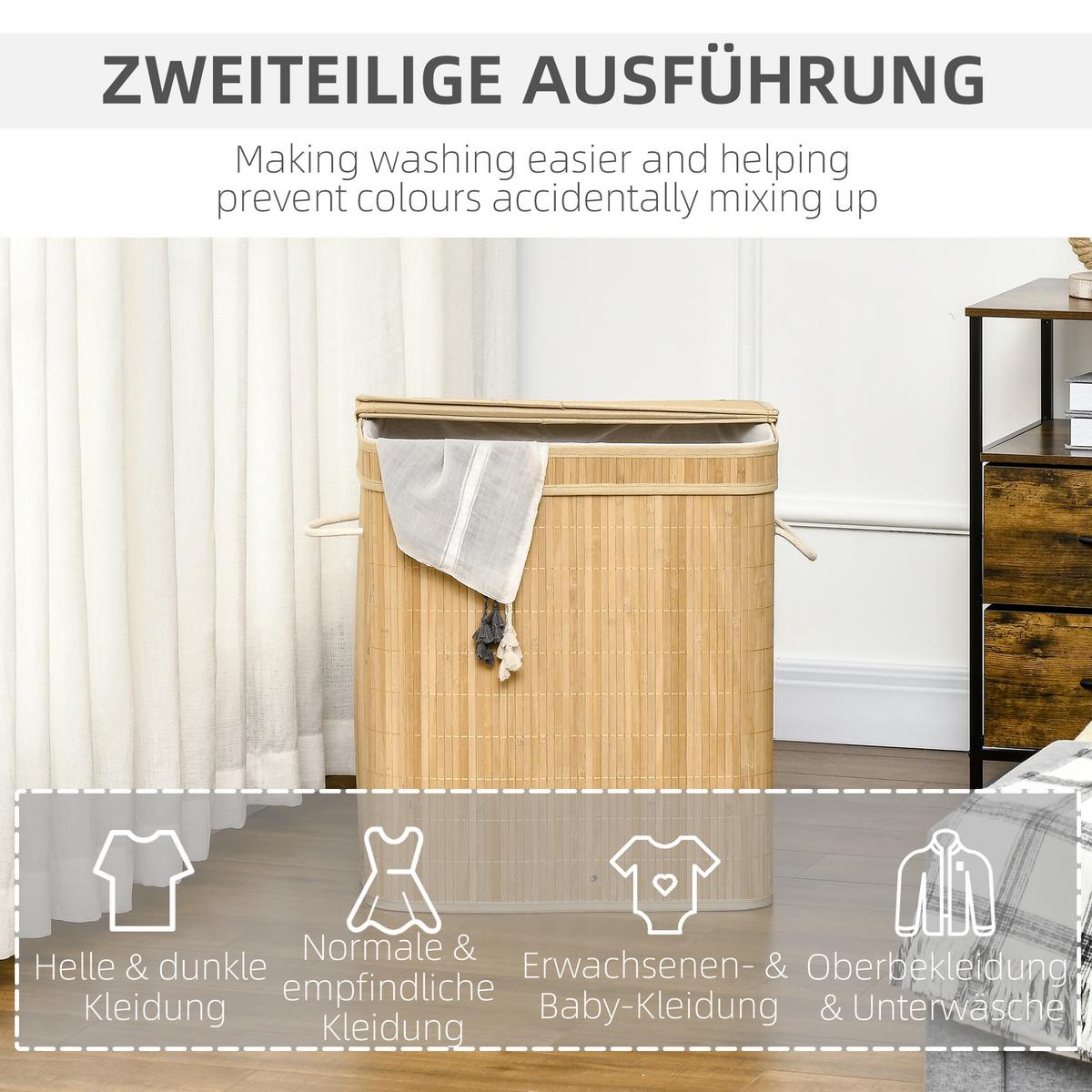 WÄSCHEKORB mit Deckel 90 L, Natur - Naturfarben, Naturmaterialien (35.2/59.5/54.2cm) - HOMCOM