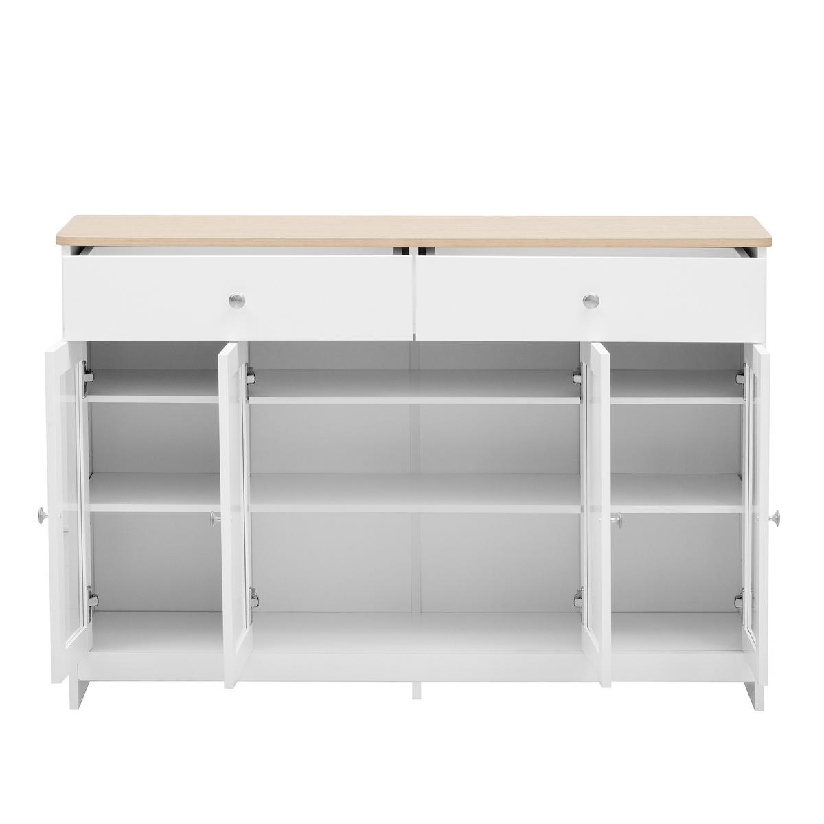 SIDEBOARD weiß & holzoptik mit glastüren & 2 schubladen - Weiß, Holzwerkstoff (120/80/37cm) - Urban Meuble