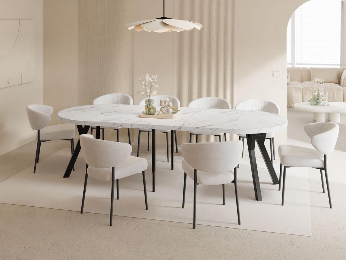 ESSTISCH Twixy XXL groß rund oval ausziehbar, Marmor Weiß 100-250/100/76 cm - Ecru/Schwarz, Holz/Holzwerkstoff (100/250/76cm) - WFL GROUP