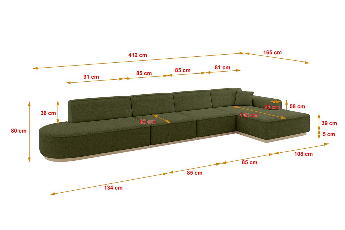ECKSOFA Ottomane Rechts IREA-L3 - 412x165x80 cm Grün - Platinfarben, Holzwerkstoff/Textil (412/165cm) - ALTDECOR