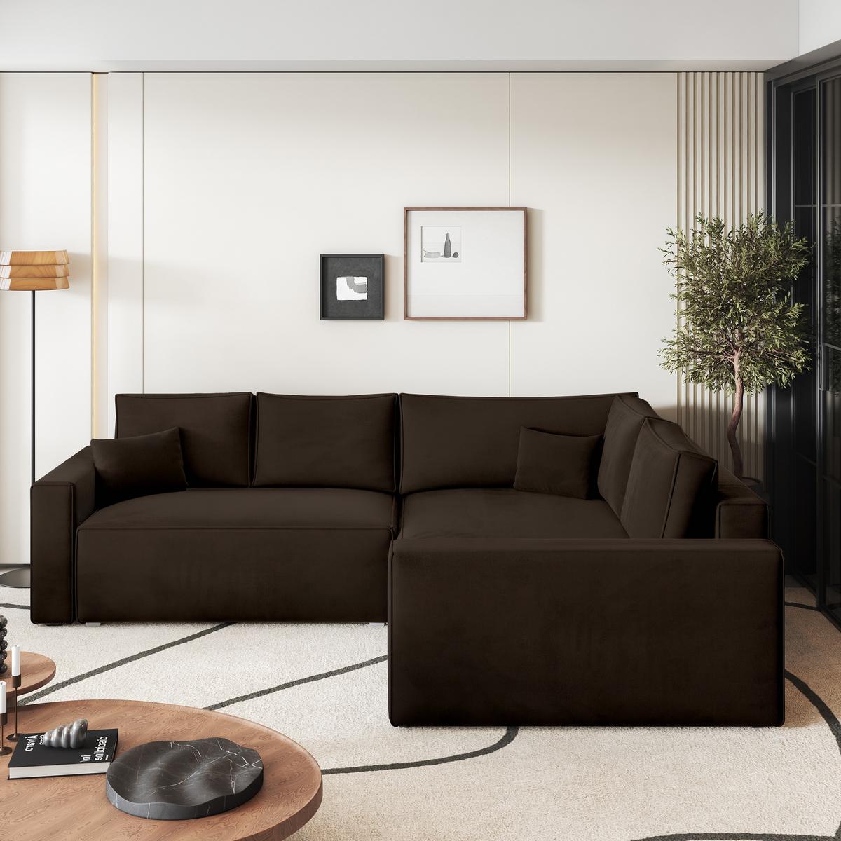 ECKSOFA ERONIS R-S Braun Velours-Stoff mit Schlaffunktion - Braun, Holz (265/194cm) - MASSENO