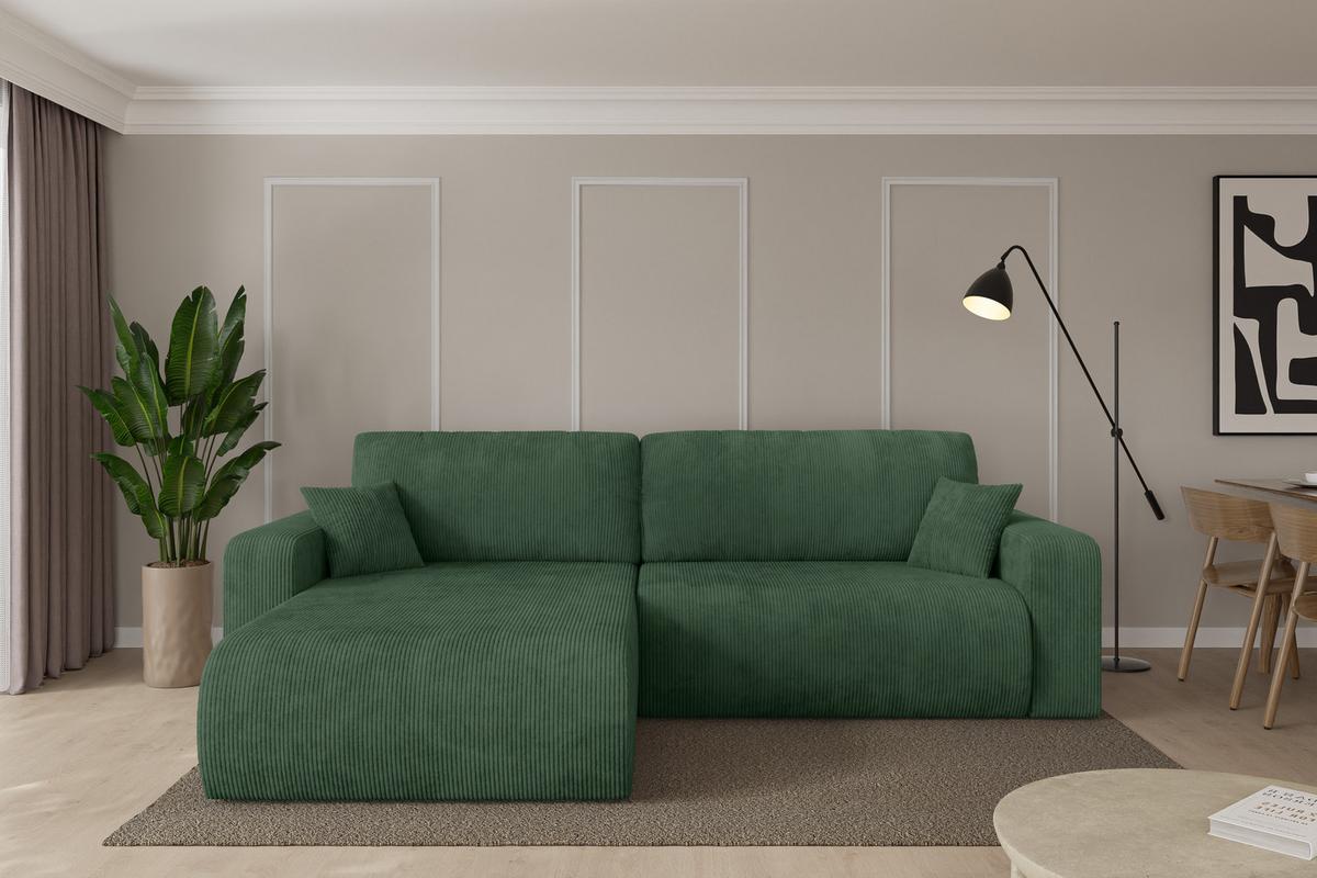 ECKSOFA mit Schlaffunktion Ottomane Links BERY-L 276x193x88 Grün Cord - Dunkelgrün/Schwarz, Holzwerkstoff/Kunststoff (276/193cm) - ALTDECOR
