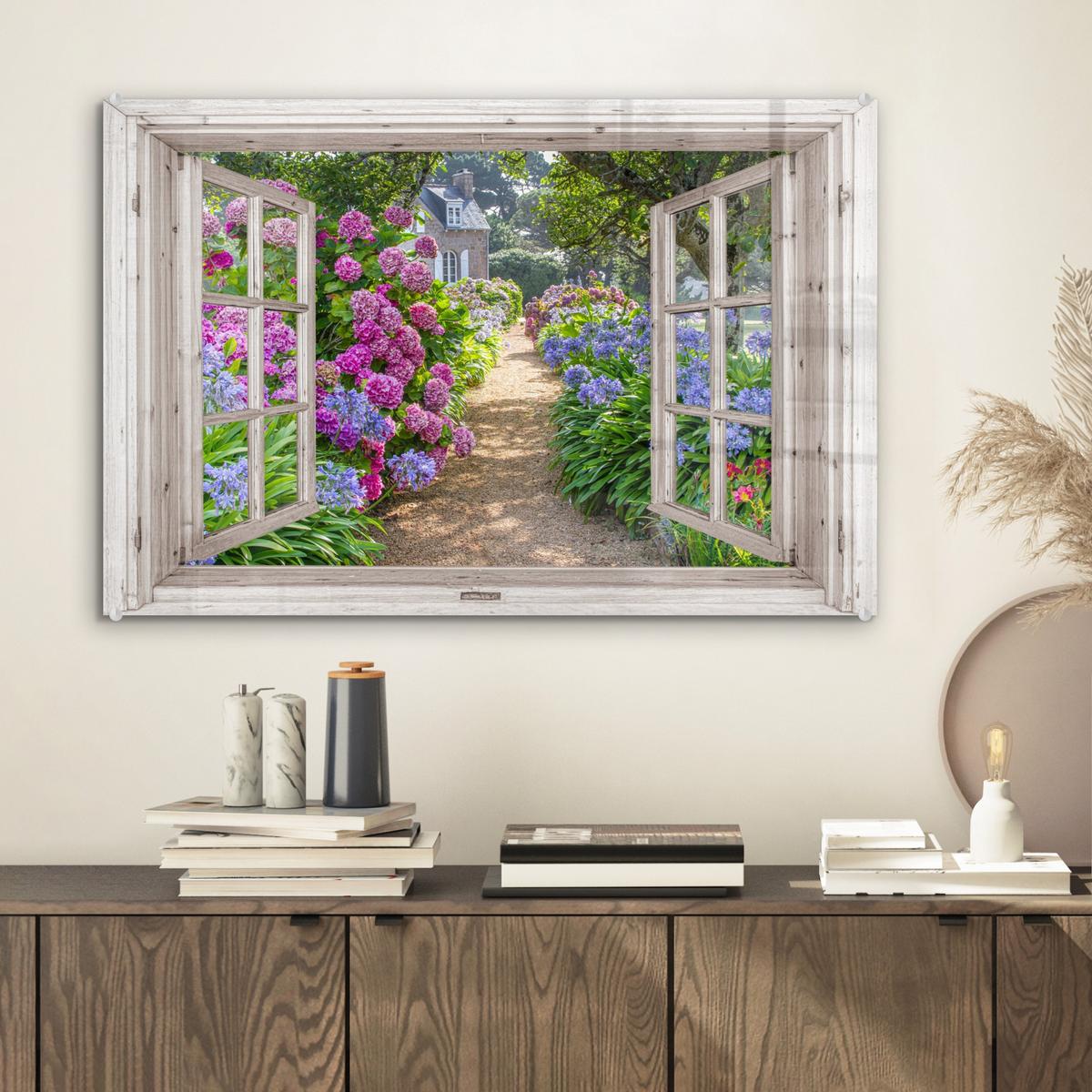 ACRYLGLASBILD Hortensie - Durchsichtig - Blumen - Sommer - Lila - Weg Wanddeko 60x40 cm - Lila, Glas (60/40cm) - MuchoWow