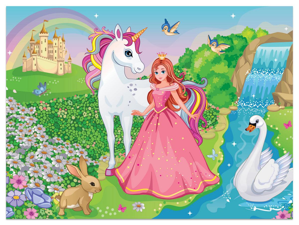 FOTOTAPETE für Kinderzimmer Prinzessin Einhorn Schloss Wasserfall Blumen 300x210 - Blau/Gelb, Papier (300/210cm) - Muralo