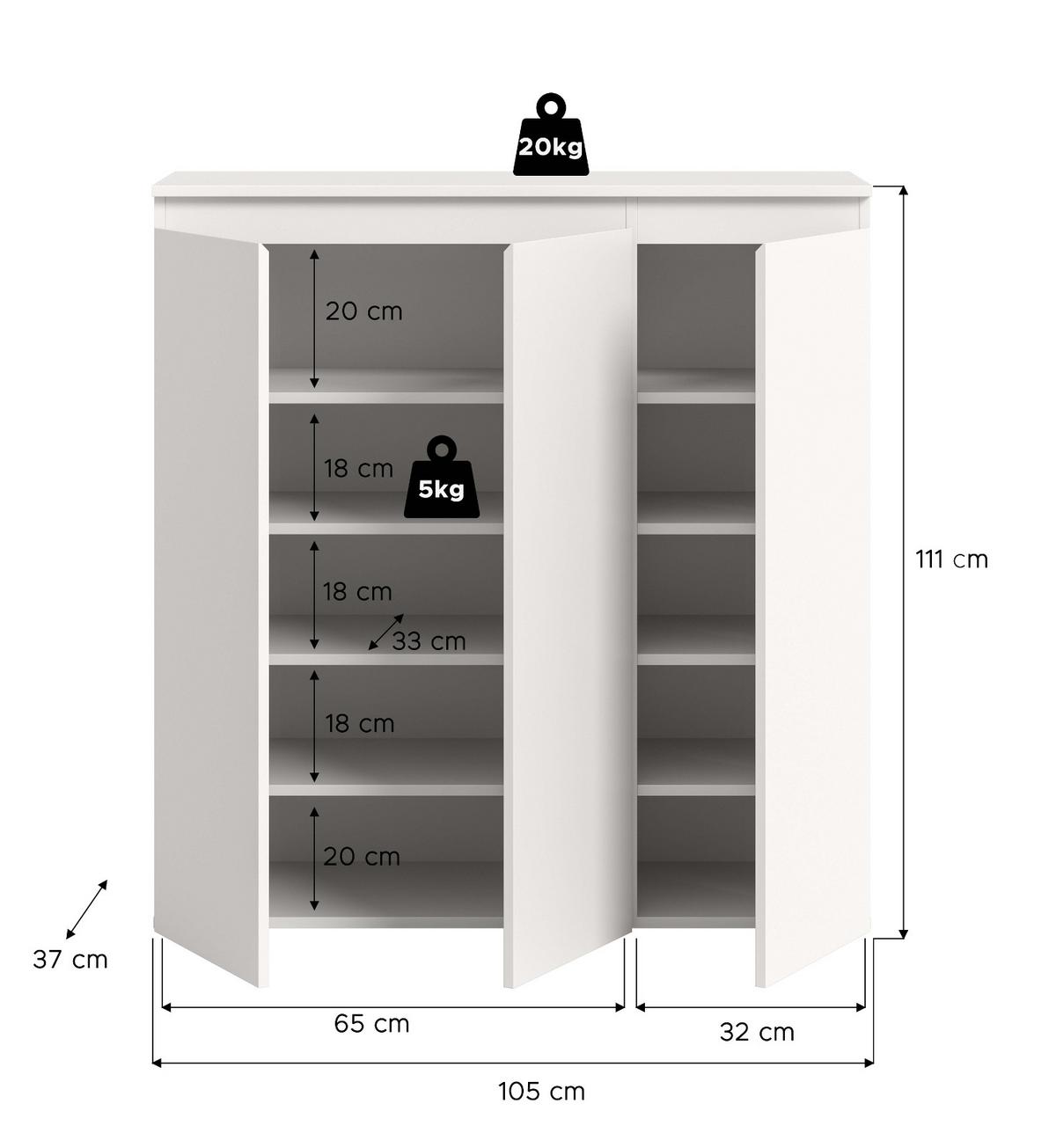 KOMMODE weiß 105 x 11 cm, Anrichte mit 10 Fächern - Schwarz/Weiß, Holzwerkstoff/Kunststoff (105/111/37cm) - Inn.Furn