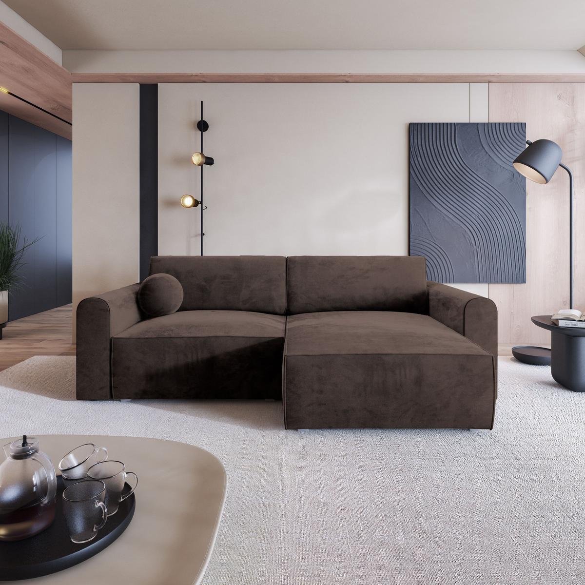 ECKSOFA FIANO M Braun Velours-Stoff mit Schlaffunktion - Braun/Grau, Holz/Kunststoff (245/148cm) - MASSENO