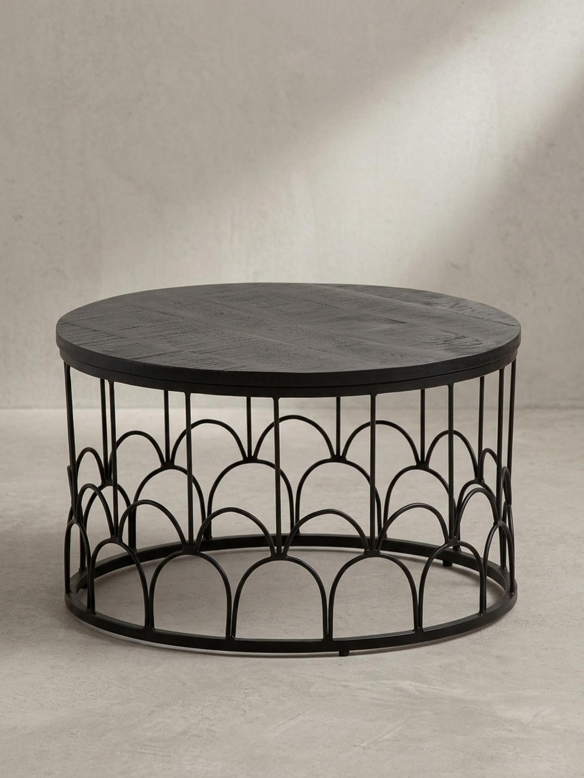 COUCHTISCH Rund in Schwarz aus Mango Massivholz mit Metallgestell, 60x60x36cm, Industrial Design - Schwarz, Holz/Metall (60/60/36cm) - KADIMA DESIGN