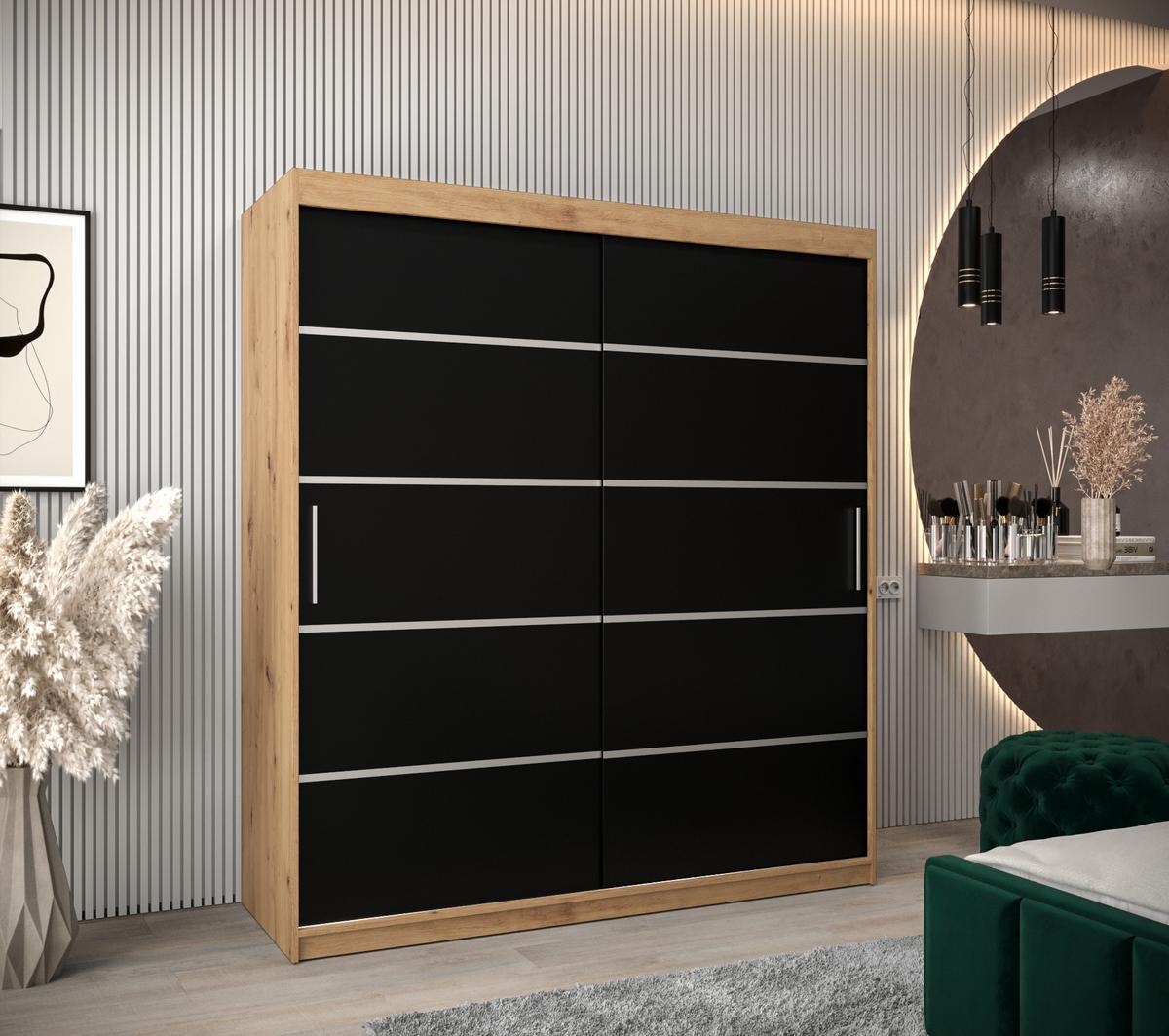 SCHWEBETÜRENSCHRANK 200/180/62 2-türig - Silberfarben/Schwarz, Holz/Kunststoff (180/200/62cm) - MÖBEL KRYSPOL