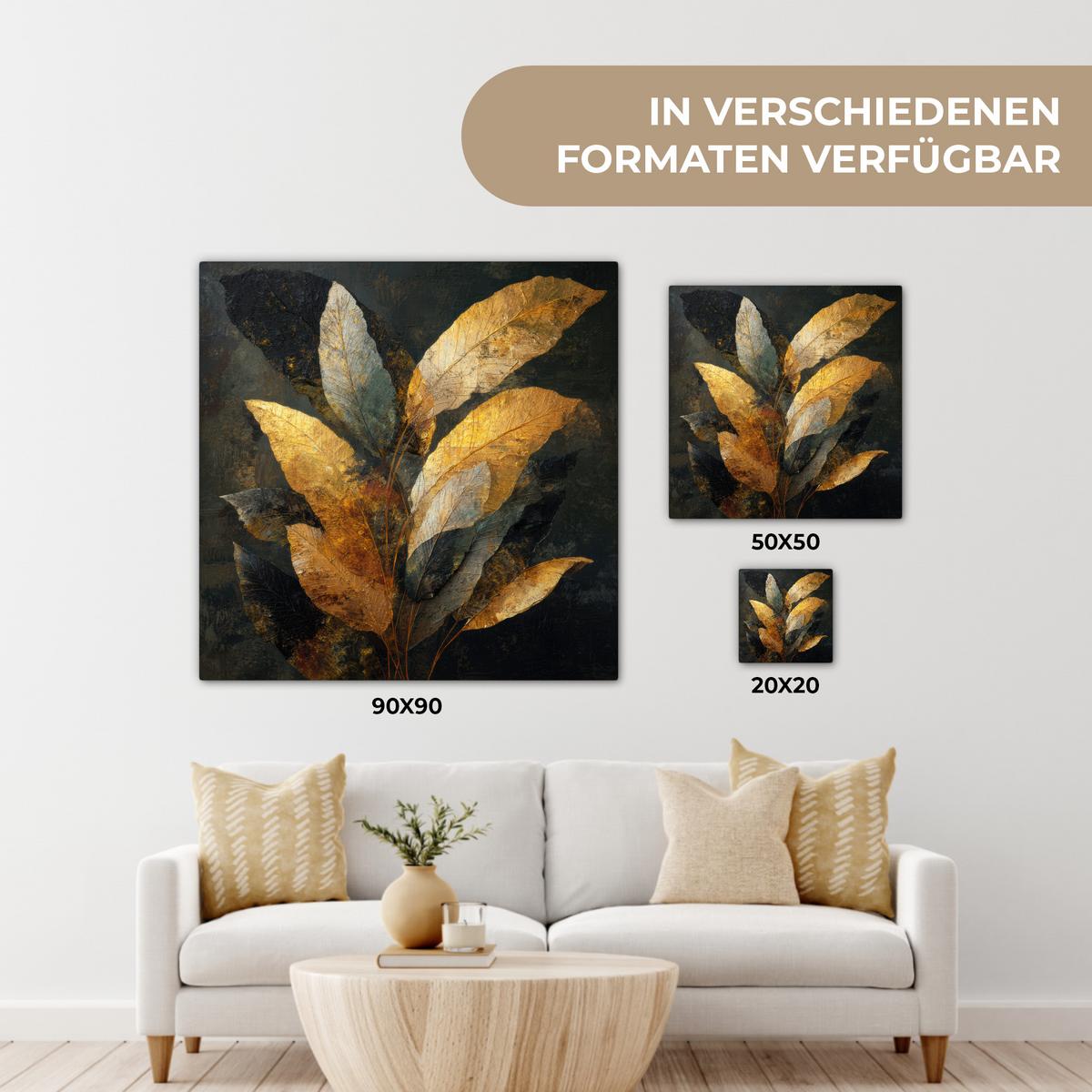 LEINWANDBILD Golden Leaf Komposition - Botanical Luxury Deko Wohnzimmer 20x20 cm - Goldfarben/Schwarz, Textil (20/20cm) - MuchoWow