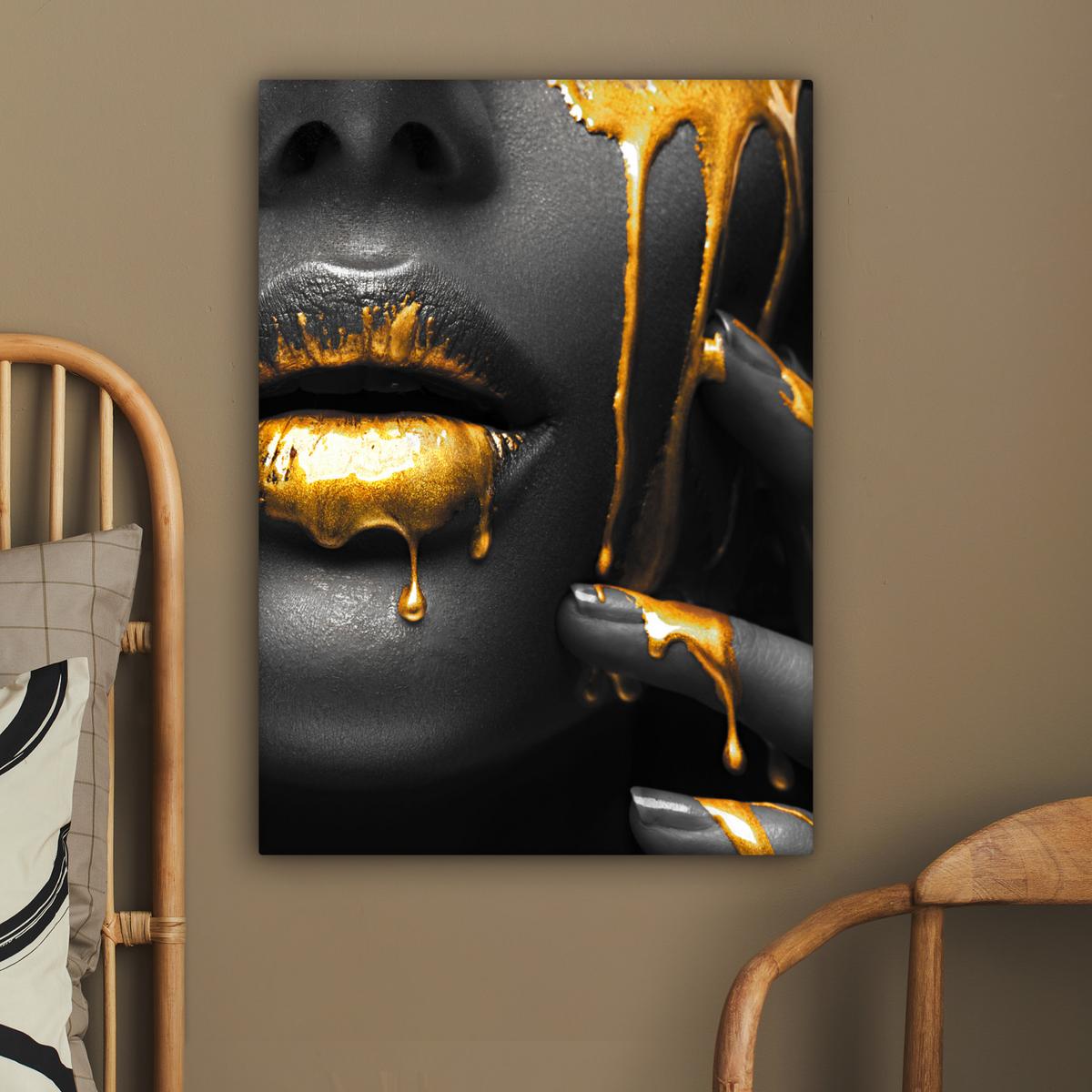 LEINWANDBILD Frau - Schwarz - Gold - Gesicht - Lippen Wandbild Wohnzimmer 60x80 cm - Goldfarben, Textil (60/80cm) - MuchoWow