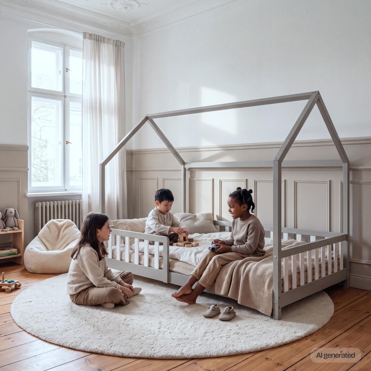 HAUSBETT Hesel - Weiß/Grau, Holz (120/200cm) - [en.casa]