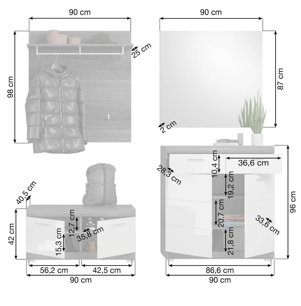 GARDEROBE Set 4-teilig weiß Hochglanz, grau, Komplettset mit Schuhkommode - Chromfarben/Weiß Hochglanz, Holzwerkstoff/Kunststoff (195/197/40cm) - Inn.Furn