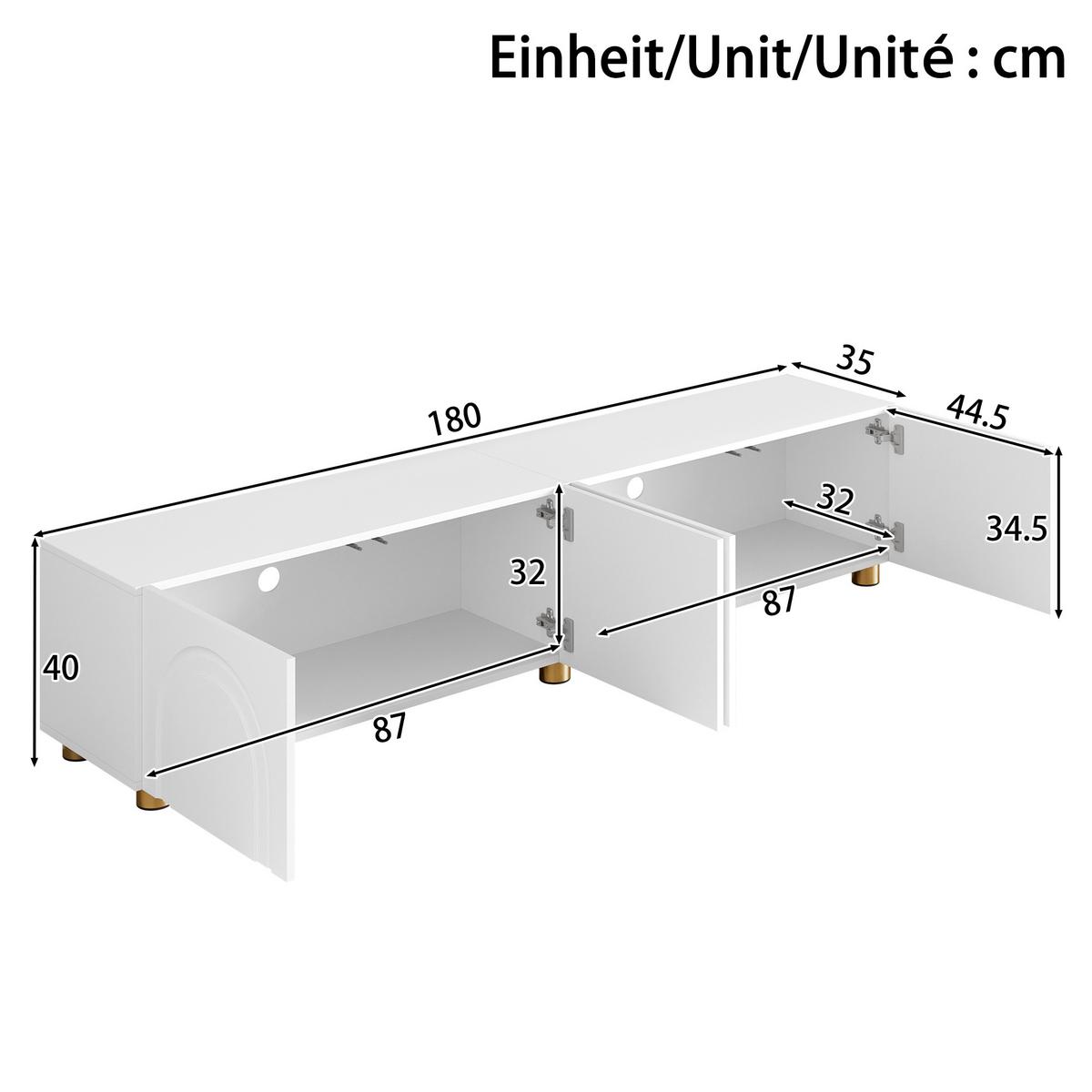 TV-LOWBOARD Lowboard Weiß mit Bogenrelief, 4 Türen & Metallfüßen - Weiß, Holzwerkstoff (180/40/35cm) - Urban Meuble